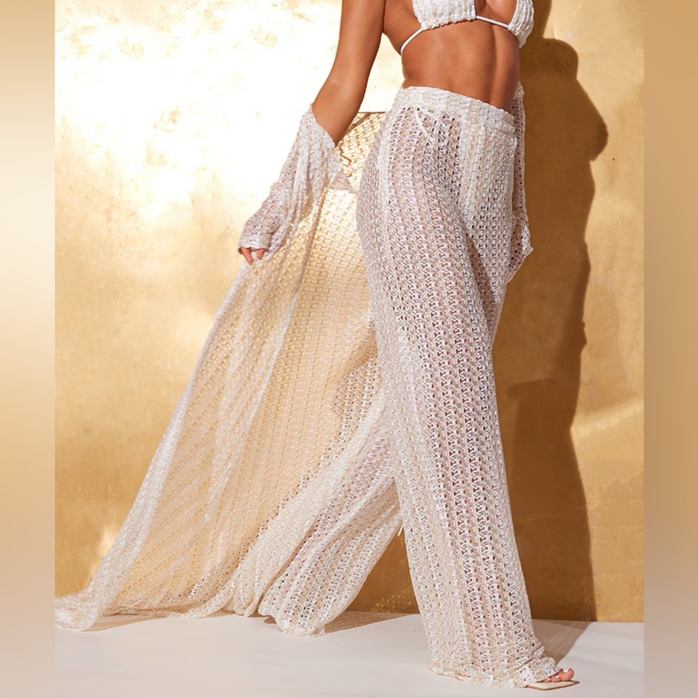 PrettyLittleThing | CREAM METALLIC NETTED CROCHET BEACH FLARES